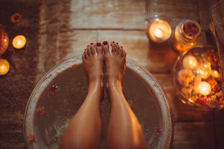 A woman indulges in a soothing foot bath surrounded by warm candlelight, creating a serene self-care atmosphere. The scene exudes relaxation and tranquility.の素材