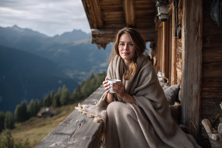 A woman enjoys a cozy moment on a mountain cabin terrace, wrapped in a blanket and holding a cup of tea. The serene landscape and rustic setting enhance the tranquil lifestyle vibe.の素材