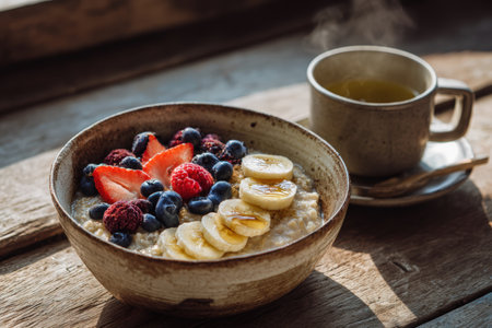 A bowl of oatmeal topped with fresh berries, banana slices, and honey on a rustic wooden table. Natural morning light and steam from a nearby cup create a cozy breakfast scene.の素材