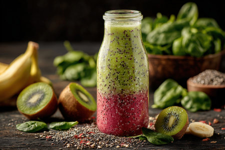 A vibrant macro shot of a fruit smoothie with visible seeds and bubbles in a transparent bottle. Fresh ingredients like spinach, kiwi, and banana are scattered around, enhancing the composition.の素材
