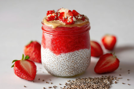 Macro studio shot of chia pudding in a glass jar featuring vibrant layers of strawberry puree, yogurt, and almond butter. Surrounded by scattered seeds on a white backdrop.の素材