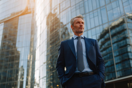 A confident man in an elegant navy suit stands with hands in pockets in front of a modern glass building, with sunlight reflecting off the skyscrapers behind him.の素材