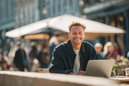 A confident man smiles while working on his laptop at an outdoor cafÃ© table. The blurred street background adds a dynamic urban lifestyle energy to the scene.の素材