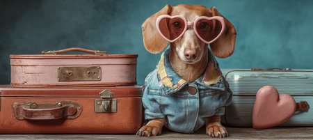 A dachshund wearing heart-shaped sunglasses and a denim jacket sits beside vintage suitcases, evoking a retro travel vibe. The image features pastel color grading for a nostalgic feel.の素材