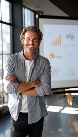 A confident entrepreneur stands in a modern boardroom, presenting charts on a projector screen. The setting is illuminated by natural daylight, highlighting a professional atmosphere.の素材