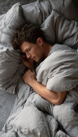 A man sleeps peacefully, wrapped in soft, cozy bedding. The serene setting and gentle lighting create a calm and restful atmosphere, perfect for relaxation and comfort.の素材
