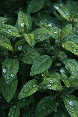 A photorealistic image showcasing gentle water droplets forming intricate patterns on lush green leaves, highlighting the beauty of nature and the delicate balance of moisture on foliage.の素材