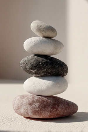 A serene arrangement of zen stones stacked on a clean surface, showcasing crisp photorealistic textures under soft studio lighting, creating a calming and balanced visual.の素材