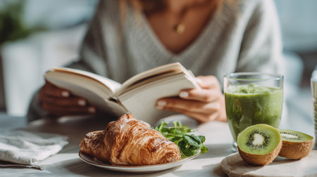 A woman reads a book while enjoying a healthy breakfast of a whole grain croissant, spinach smoothie, and kiwi slices. The scene is set in soft natural light on a modern table.の素材