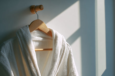 A soft, fluffy robe hangs on a wooden hook, bathed in bright morning light. The serene and simple arrangement creates a tranquil atmosphere, perfect for a cozy start to the day.の素材