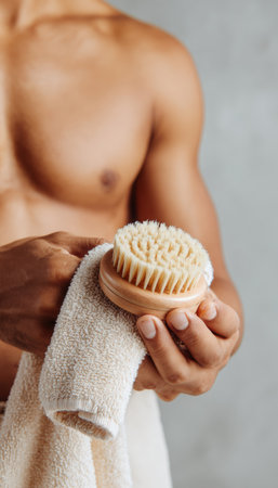 A man holds a soft exfoliating brush and towel against a clean, neutral backdrop, evoking a spa-like atmosphere. The image highlights skincare and grooming essentials.の素材