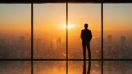 A confident businessman stands with hands clasped, gazing at a panoramic city skyline through a large window. The golden sunset light creates a dramatic and inspiring atmosphere.の素材
