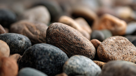 Close-up image showcasing smooth river stones with intricate textures and patterns. The stones display a variety of natural colors, emphasizing their unique beauty and detail.の素材