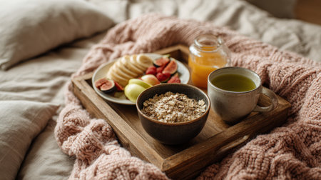 A cozy breakfast-in-bed scene featuring a wooden tray with healthy options like fruit, oats, and green tea. The setting includes a soft blanket and natural morning ambiance.の素材