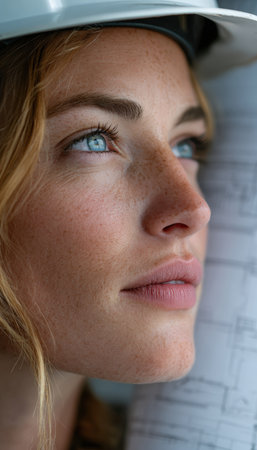High-detail close-up portrait of a woman civil engineer wearing a hard hat, with a focused expression. The blurred background features architectural blueprints, captured in studio lighting.の素材