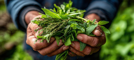 A close-up image of hands holding a variety of freshly picked herbs, showcasing vibrant green leaves and soft contrast. The scene highlights the freshness and natural beauty of the herbs.の素材