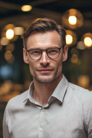 Portrait of a confident businessman wearing glasses, slightly smiling, set against a blurred office background with warm lighting, conveying professionalism and success.の素材