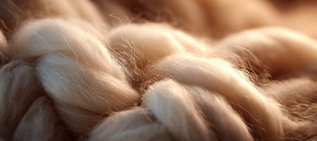 A gentle close-up of soft wool fibers illuminated by warm, shallow lighting. The image highlights the delicate texture and natural beauty of the wool, creating a cozy atmosphere.の素材