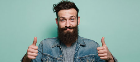 Studio photo of a charismatic man with a beard, wearing a casual elegant outfit, giving a thumbs-up gesture. The solid light green background enhances the positive vibe.の素材