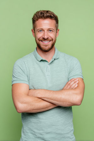 Studio portrait of a smiling man in a casual polo shirt with arms folded, set against a solid light green background. The image captures a clean, commercial style.の素材
