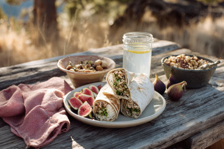A rustic outdoor breakfast setup on a wooden picnic table features a hummus wrap, fresh figs, trail mix, and lemon water. Captured in soft natural morning light.の素材