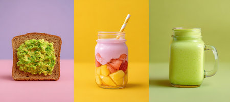 A clean e-commerce style image showcasing three breakfast items: avocado toast on yellow, fruit parfait on pink, and a smoothie jar on green, each on solid pastel backgrounds.の素材
