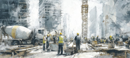 Dynamic scene of a construction engineer at a skyscraper site, surrounded by workers, cement mixers, and scaffolding. The image captures the bustling, dusty environment of urban development.の素材