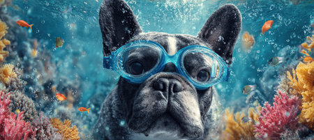 A French Bulldog wearing transparent goggles swims underwater, surrounded by colorful coral and fish. The image captures a whimsical aquatic fantasy with crisp macro details.の素材