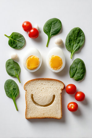 A creative arrangement of breakfast ingredients forming a smiley face, featuring boiled eggs, toast, spinach leaves, and cherry tomatoes, isolated on a white background.の素材