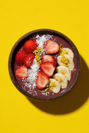 Top-down view of a round bowl filled with acai, topped with strawberries, banana, shredded coconut, and bee pollen. Set against a bright yellow background for a striking visual.の素材