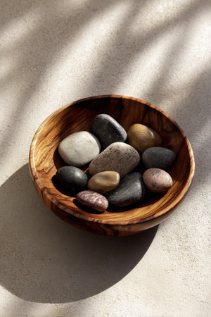 A wooden bowl filled with smooth stones, creating a serene and zen-like atmosphere. The minimalist design and natural textures evoke a sense of calm and tranquility.の素材