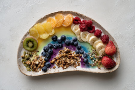 A vibrant flat lay of a breakfast plate arranged in a rainbow pattern with fruits, granola, seeds, and yogurt. The colorful display is set against a white textured background.の素材