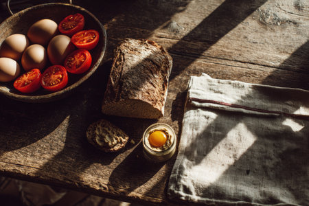 A rustic kitchen scene featuring whole grain bread, sliced tomatoes, eggs, and a jar of hummus on a linen napkin. Morning light casts shadows across the wooden surface, creating a cozy ambiance.の素材