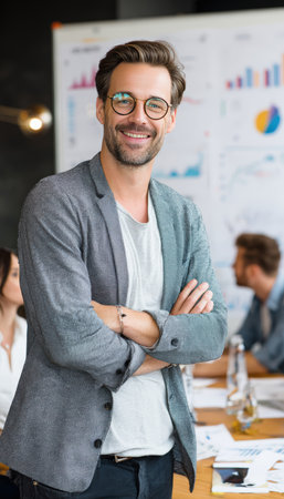 A confident entrepreneur stands in a bright meeting room, explaining a marketing strategy using charts. The professional atmosphere highlights teamwork and business planning.の素材