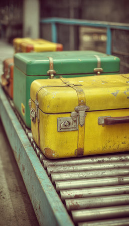 Green and yellow suitcases on a conveyor belt evoke a nostalgic retro travel vibe. The vintage film grain effect enhances the classic, timeless feel of the scene.の素材