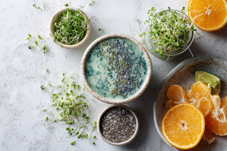 A beautifully styled flat lay of a detox breakfast featuring a spirulina smoothie, chia seed pudding, citrus wedges, and microgreens on a white marble background.の素材