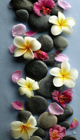 A serene composition of smooth spa stones and vibrant flower petals, creating a calming and harmonious atmosphere. Ideal for promoting relaxation and wellness.の素材