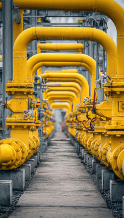 A narrow industrial pipeline corridor featuring thick yellow conduits and bolted valve systems. The repeated geometric pattern and minimal atmospheric haze create a documentary-style ambiance.の素材