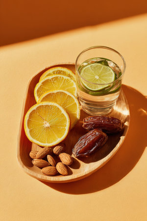 A minimalistic studio shot featuring a bamboo tray with sliced citrus fruits, dates, almonds, and a glass of mint water. Set against a solid pale orange background for a fresh look.の素材