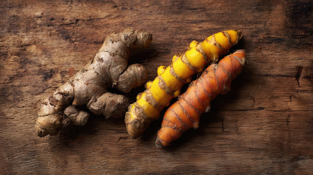Macro photo of ginger and turmeric roots placed side by side on a rustic wooden background. The vibrant warm palette enhances the exotic and natural vibe of the composition.の素材
