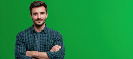 Studio shot of a confident man with folded arms and a half-smile, standing against a solid bright green background. Ideal for commercial use, conveying assurance and positivity.の素材