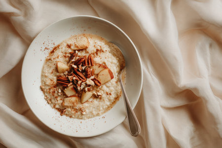 A clean white plate of quinoa porridge topped with cinnamon apples and crushed pecans, set on a soft linen tablecloth. Perfect for editorial use in food and lifestyle publications.の素材