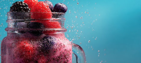 Close-up of a smoothie jar filled with blended berries and chia seeds, with condensation droplets on the glass, isolated against a solid sky-blue background.の素材
