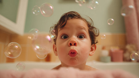 A cute toddler makes a funny cross-eyed face as a bubble lands on their nose in a cozy pastel-colored bathroom. The playful scene captures the joy of bath time.の素材