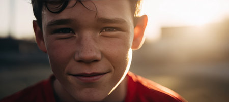 Close-up outdoor portrait of a smiling young soccer player wearing a red jersey. Sunlight illuminates the face, creating a cinematic and emotionally realistic atmosphere.の素材