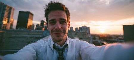 A man takes a candid rooftop selfie with a city skyline backdrop, unaware his tie is blowing over his face. Captured in natural sunset light, creating an awkward yet charming moment.の素材