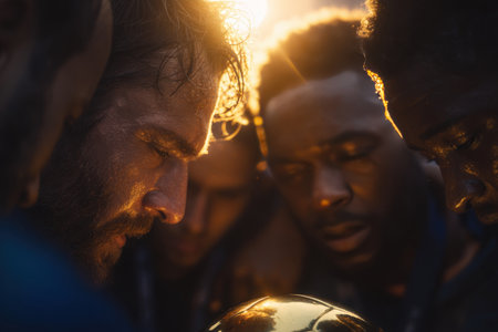 A team gathers closely around a trophy, their faces illuminated by golden light. The image captures emotional realism and cinematic sports storytelling with a shallow depth of field.の素材
