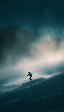 A skier gracefully descends a slope enveloped in dense fog, creating a cinematic atmosphere. The muted tones and dramatic framing evoke a sense of mystery and motion.の素材