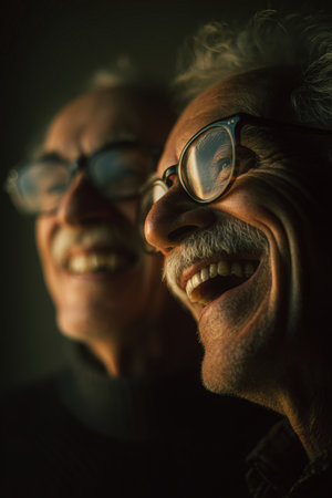 Two senior friends are captured mid-laughter, with warm light reflecting off their glasses. The image conveys cinematic emotional realism and a soft depth, highlighting joyful companionship.の素材