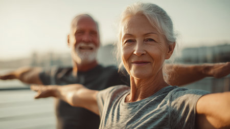 A senior man and woman engage in light exercise outdoors, captured in warm daylight tones. The image portrays a motivational lifestyle, emphasizing fitness and well-being.の素材